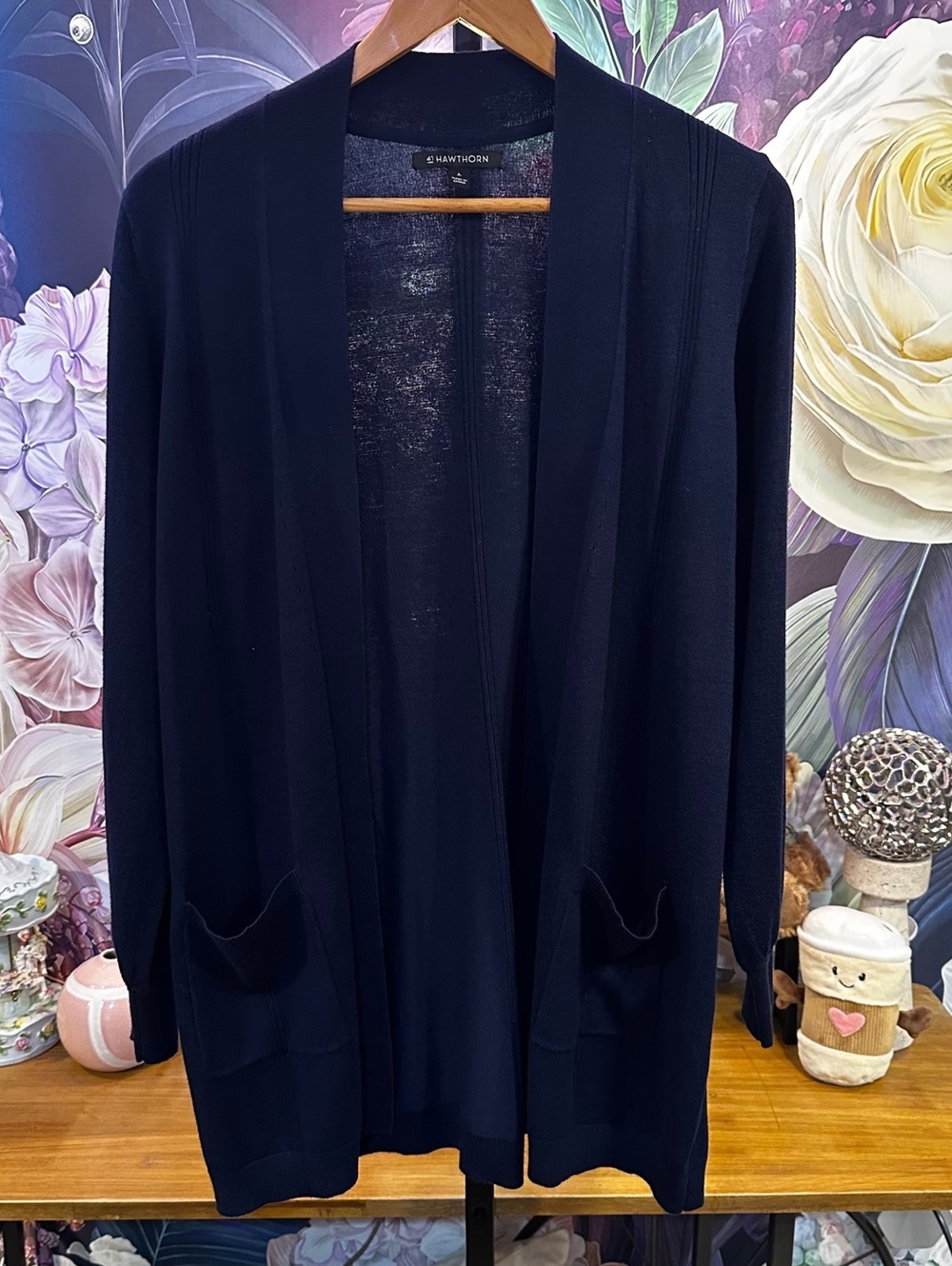 41 Hawthorn L Navy Open Cardigan Front Pockets Women's Minimalist Clean Girl